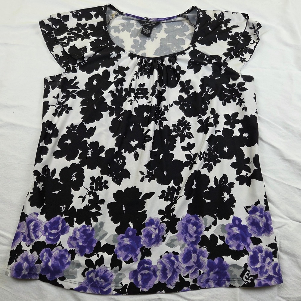 Joza Rae Blouse XL Black White Purple Floral Roses Cap Sleeve Scoop Neck Stretch
